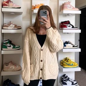 Vintage 100% Wool 90s LL Bean Chunky Cable Knit Fisherman Sweater Cardigan Sz Lg